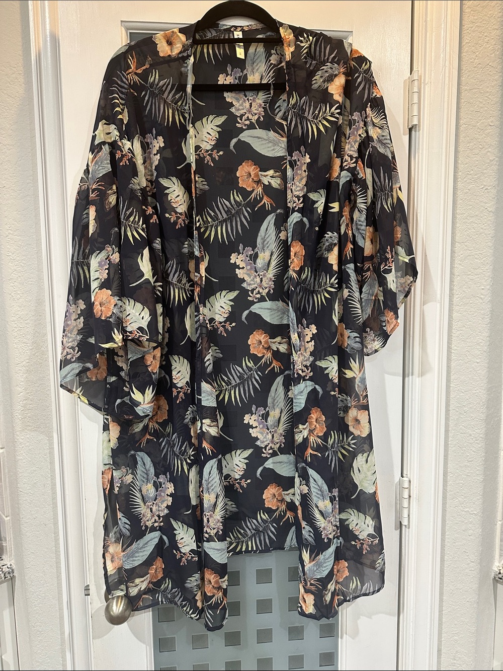 Emerald Black Floral Sheer Kimono Cape with Green and Peach Accents